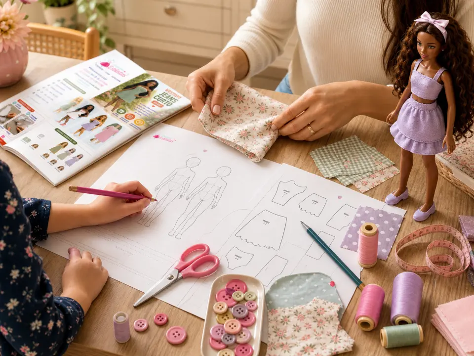 Home workshop table with printed pattern, fabrics, pencil, hands creating, and dressed doll