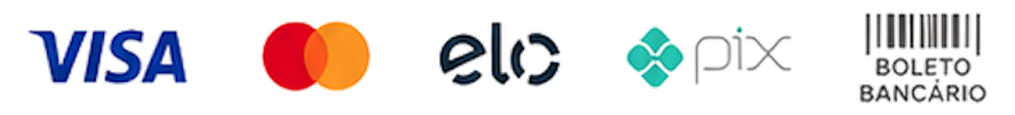 Visa, Mastercard, Elo, Pix, and bank slip
